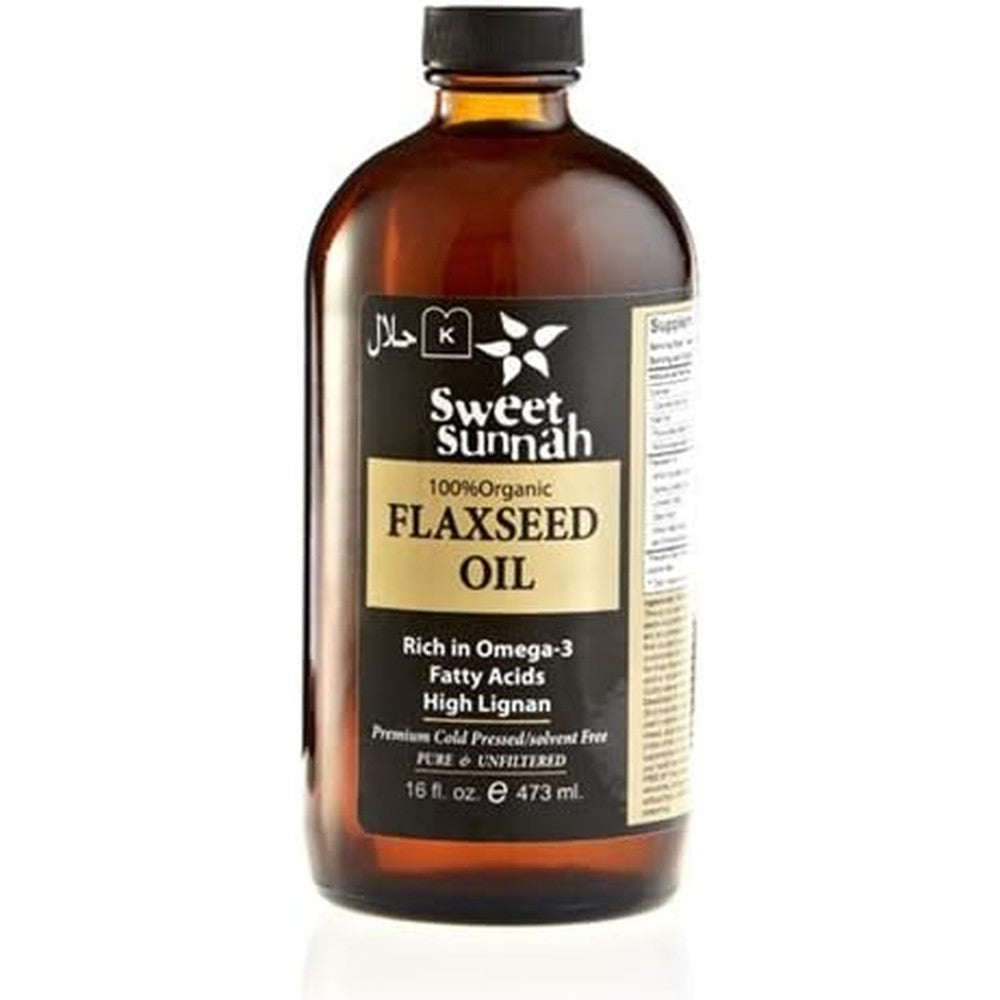 Sweet Sunnah organic flax seed oil front view bottle