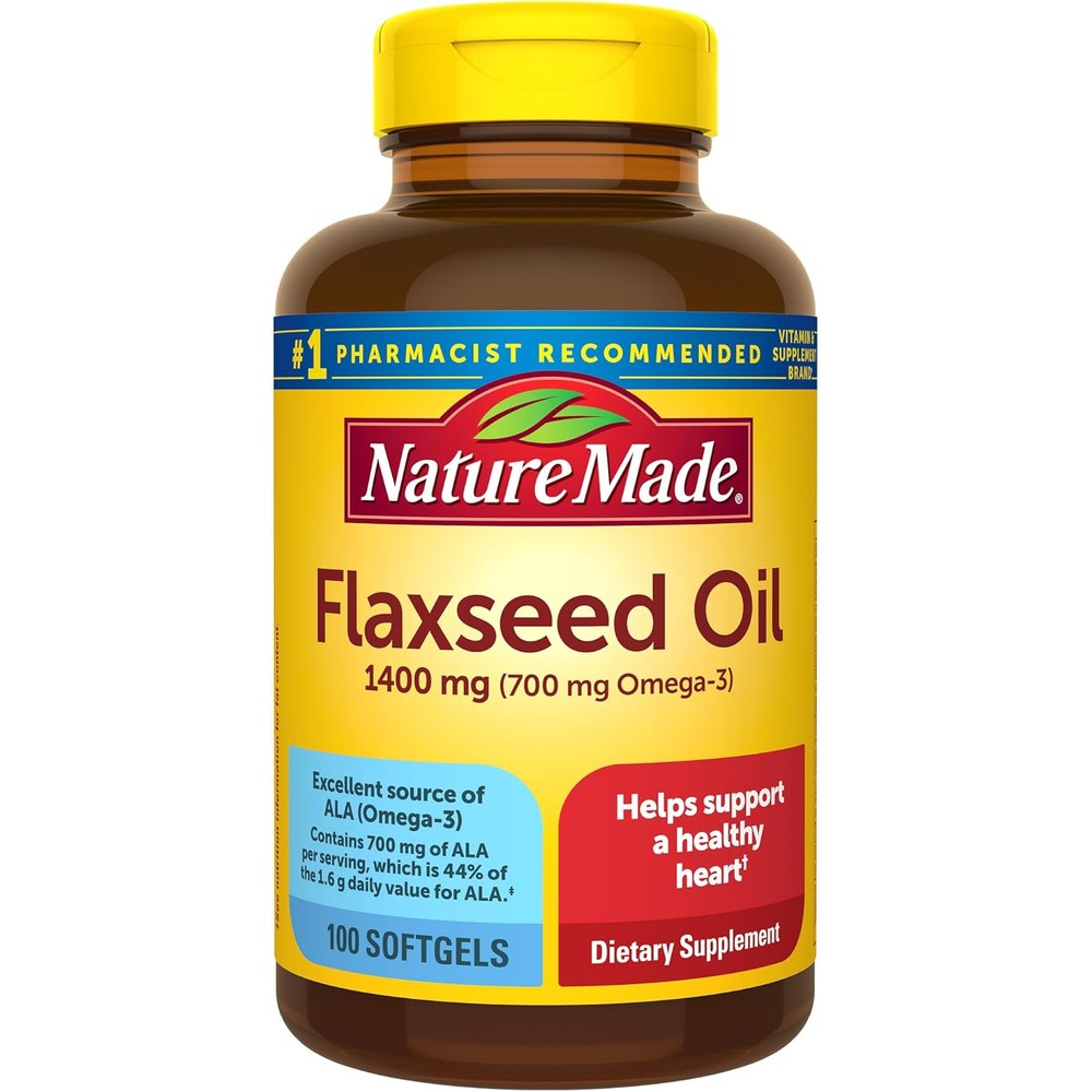Nature Made Extra Strength Organic Flaxseed Oil 1400 Milligrams bottle front view showing plant based omega 3 supplement label