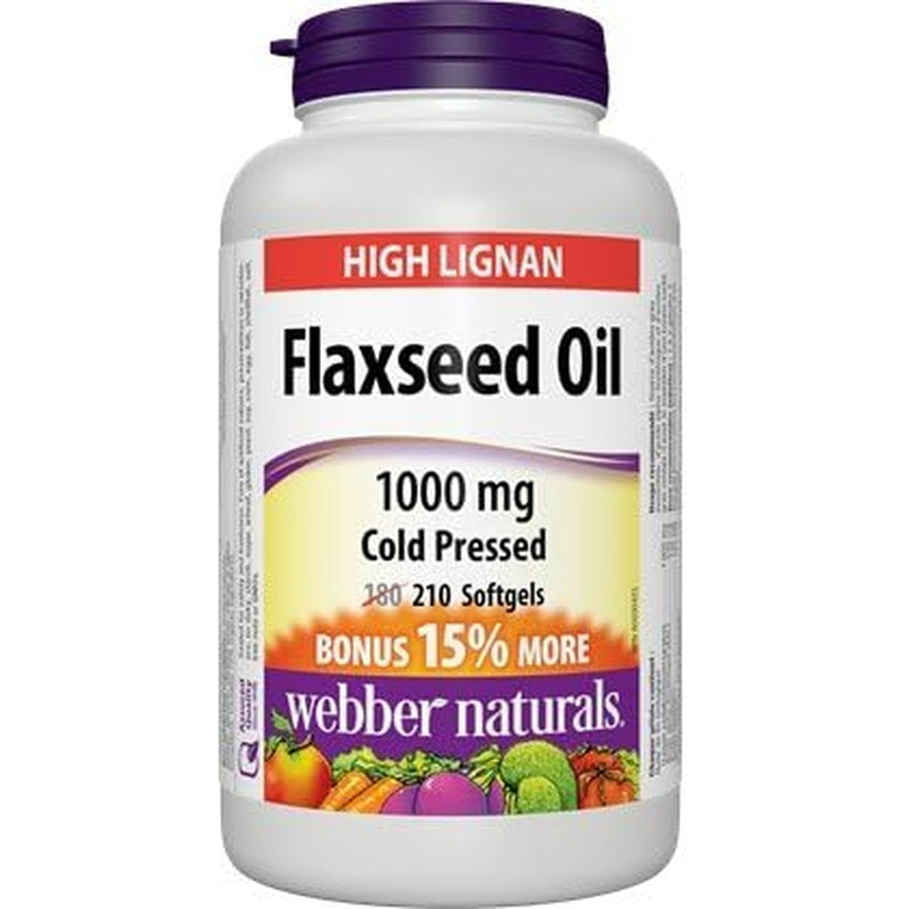 Webber Naturals certified organic flaxseed oil 1000mg softgels front view for plant based omega 3 support.