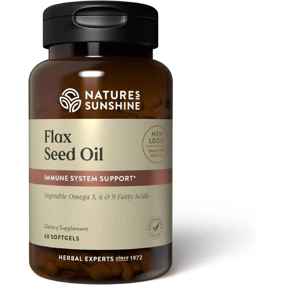Nature's Sunshine Flax Seed Oil 60 softgels front bottle view showing premium plant based omega supplement.