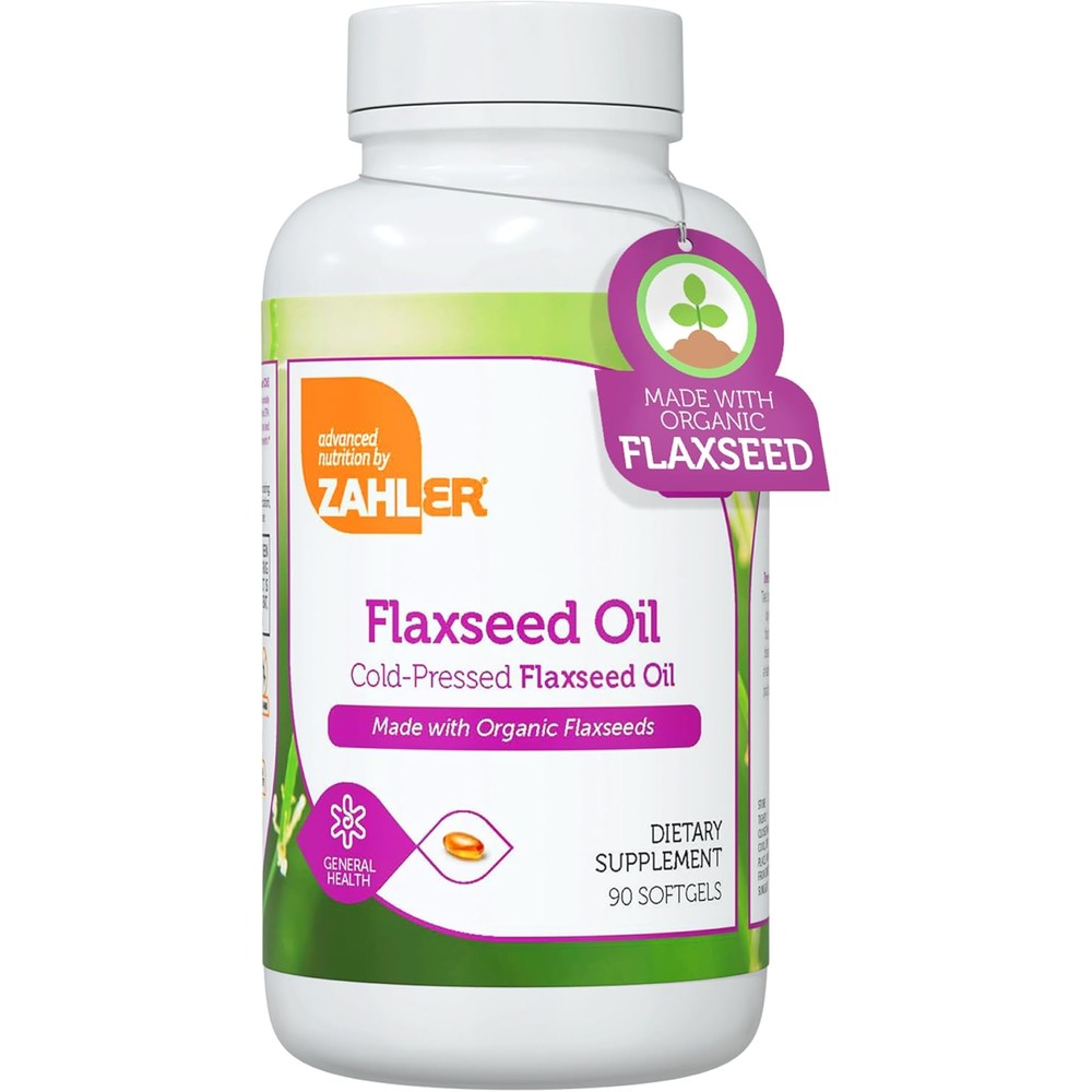 Zahler Organic Flaxseed Oil 1000mg softgels front view bottle for plant based omega 3 nutrition