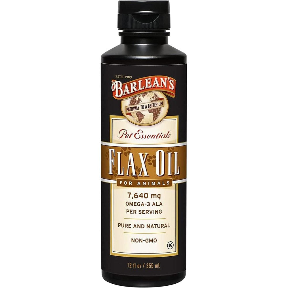 Barlean's Flaxseed Oil for Animals 12 ounce front bottle view showing omega 3 supplement benefits