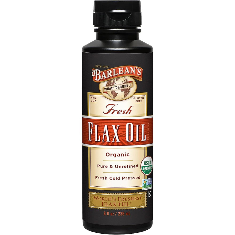 Barlean's Organic Flaxseed Oil Liquid front view showcasing the premium plant based omega three supplement bottle.