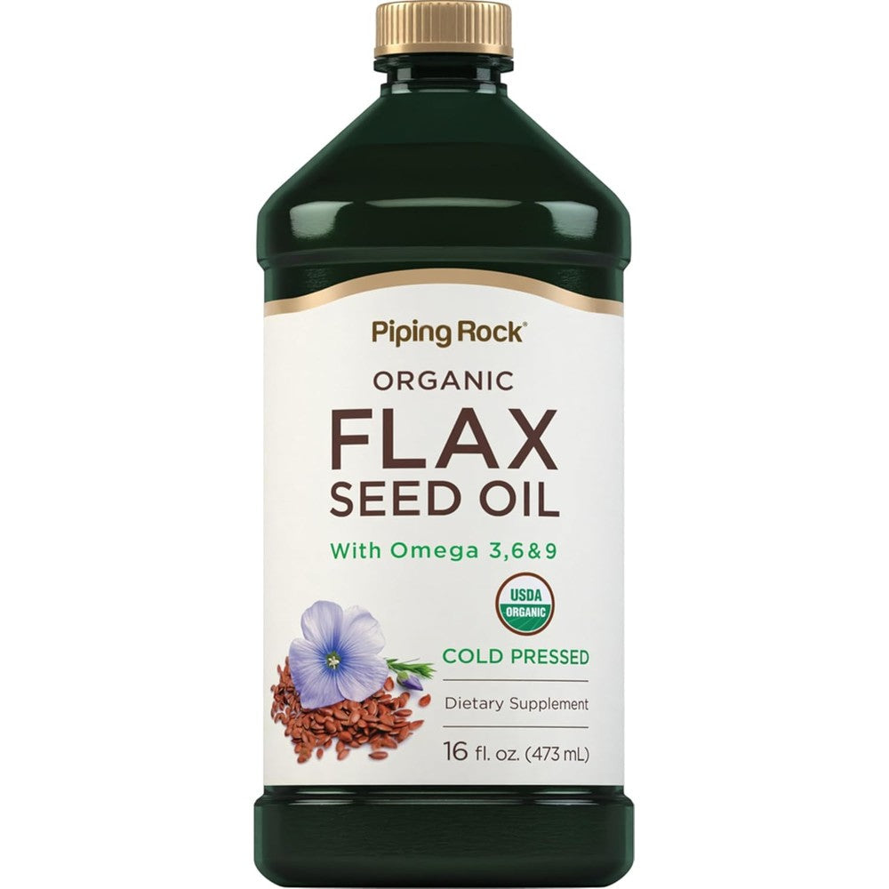 Piping Rock organic flaxseed oil liquid front view bottle packaging