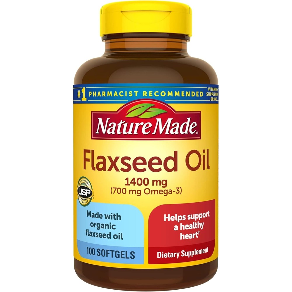 Nature Made Organic Flaxseed Oil 1400 mg 300 softgels bottle front view for heart health support