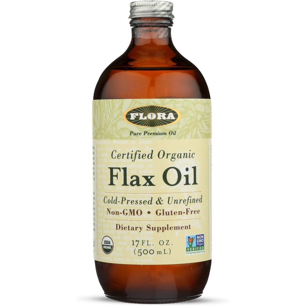 Flora Certified Organic Flax Seed Oil front view bottle of imported omega supplement