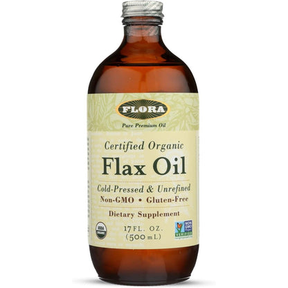 Flora Certified Organic Flax Seed Oil front view bottle of imported omega supplement