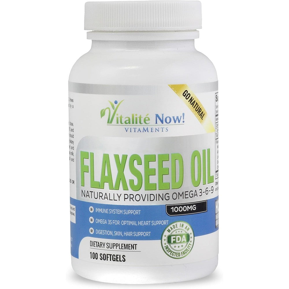 Vitalité Now Organic Flaxseed Oil 1000mg bottle front view showing premium USA import labels.