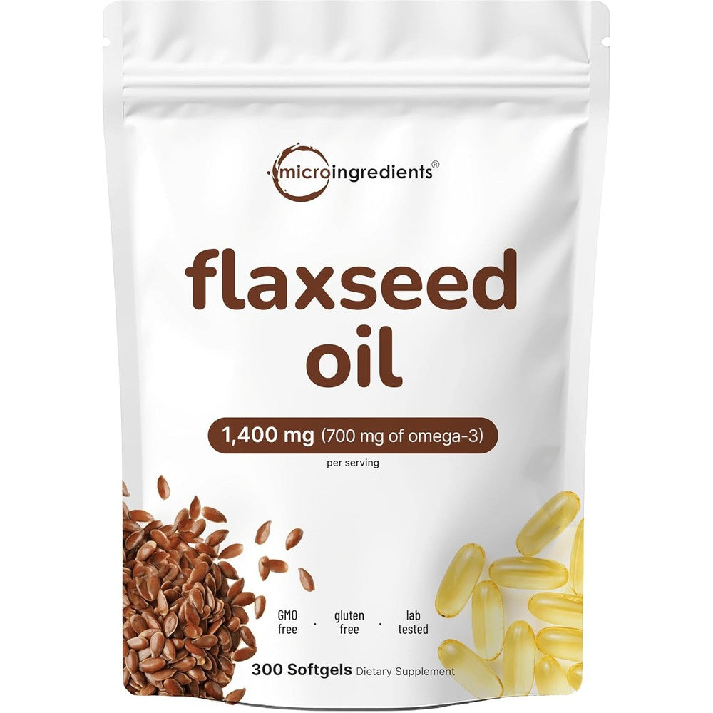 Micro Ingredients Flaxseed Oil 1400mg 300 liquid softgels front bottle view for plant based omega 3 supplements