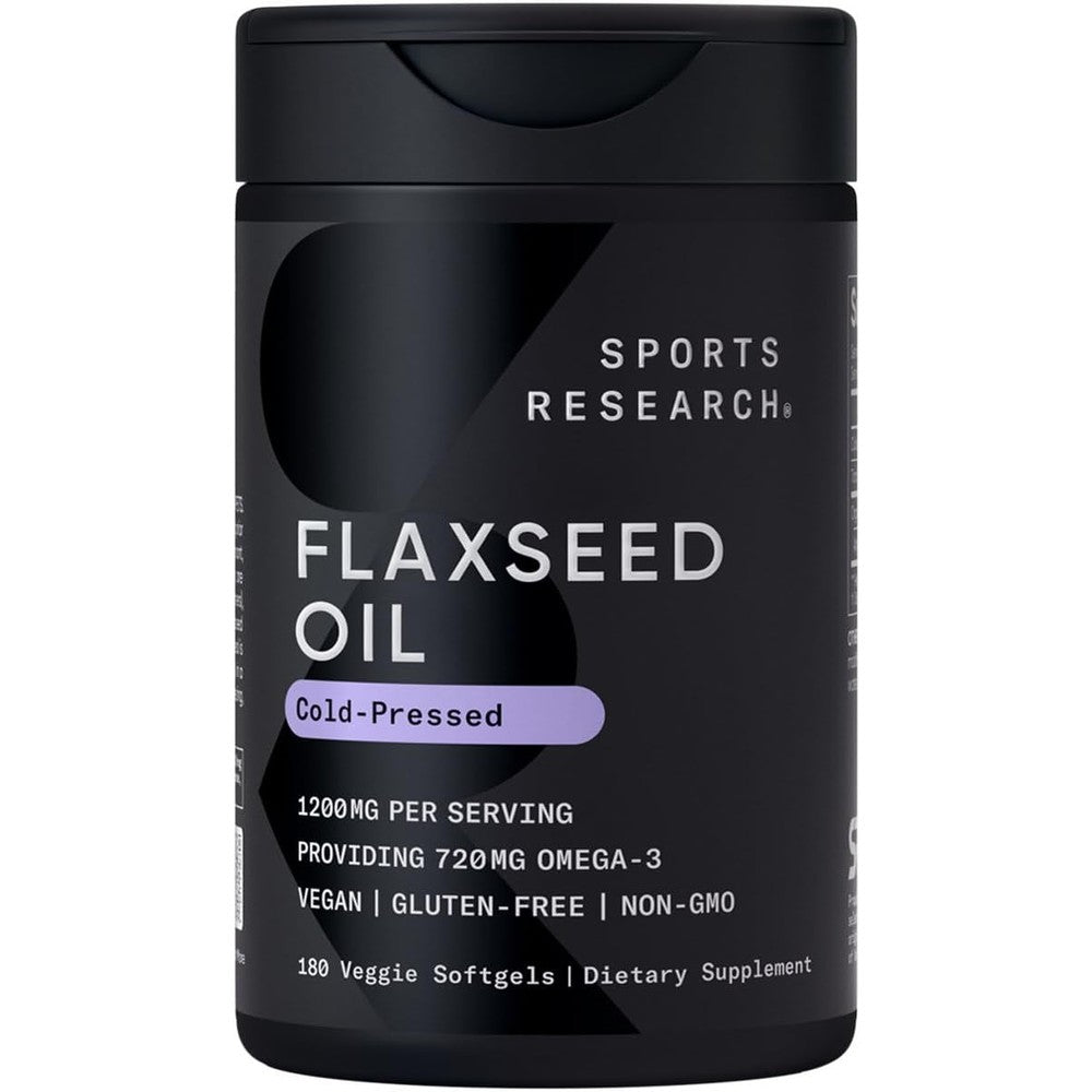 Sports Research Vegan Flaxseed Oil 1200mg 180 veggie softgels front view showcasing plant-based omega supplement packaging.