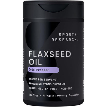 Sports Research Vegan Flaxseed Oil 1200mg 180 veggie softgels front view showcasing plant-based omega supplement packaging.