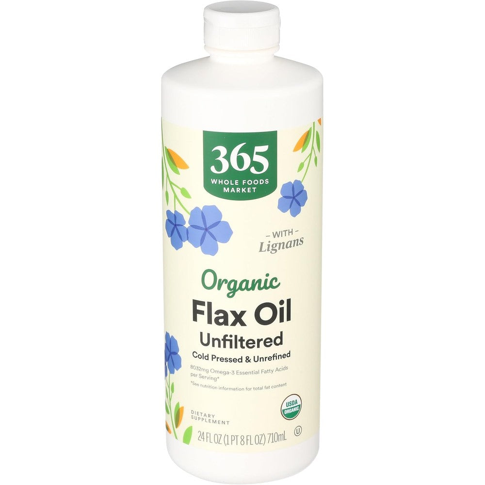 365 by Whole Foods Market Organic High Lignan Flaxseed Oil 24 Fluid Ounce front bottle view showing USDA Organic certification label