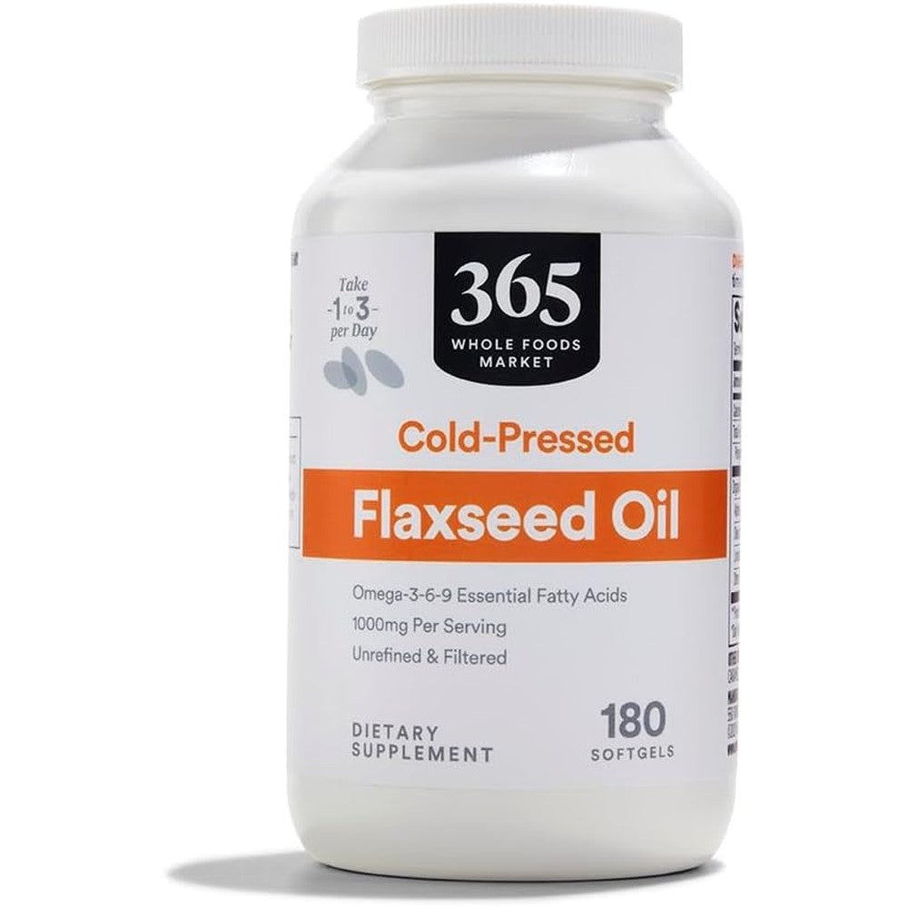 365 by Whole Foods Market Flaxseed Oil 1000mg 180 softgels front view for hair health.