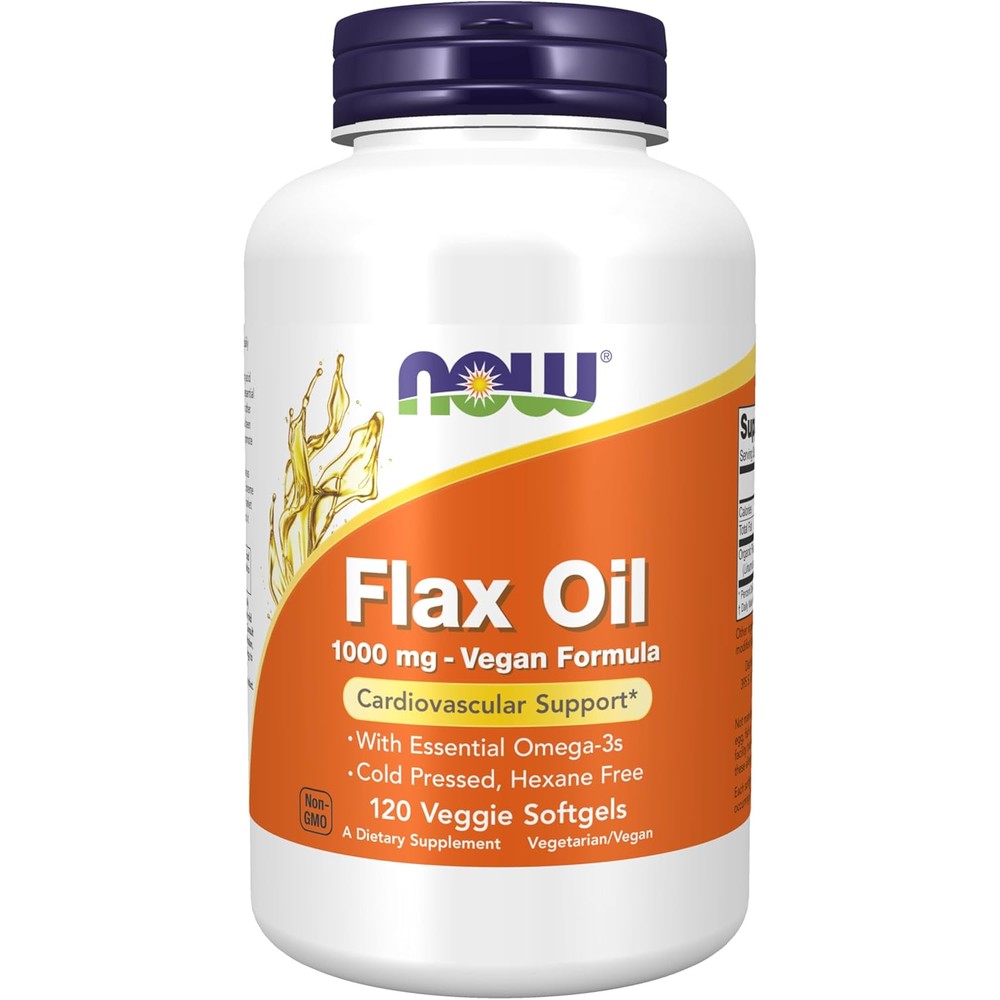 NOW Foods Flax Oil 1000mg vegetarian capsules front view showing bottle packaging