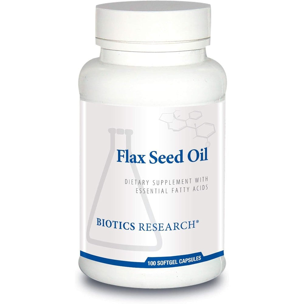 Biotics Research Flax Seed Oil 1000 Milligrams softgels front view bottle for authentic imported omega supplements