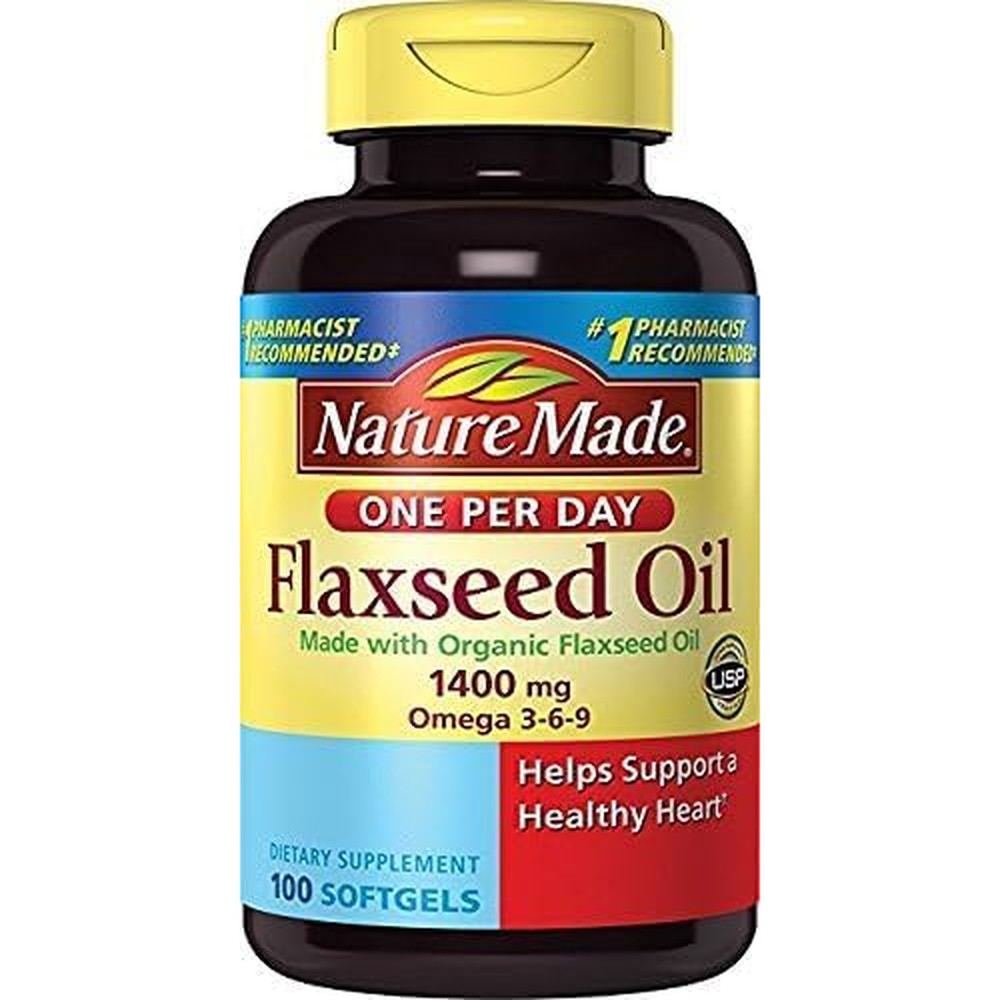 Nature Made Organic Flaxseed Oil 1400mg 100 softgels bottle pack of 3 front view showing plant-based heart health supplement label