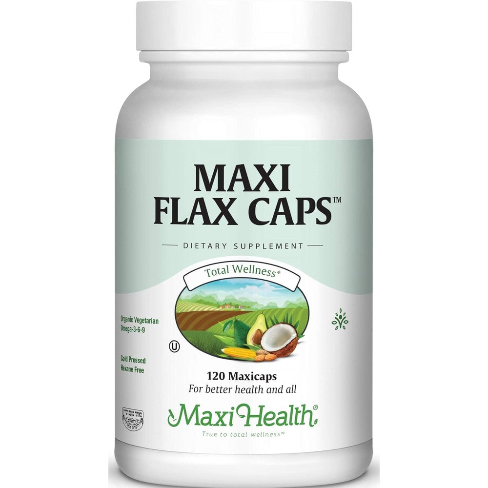 Maxi Health Maxi Flax Caps front view organic supplement bottle