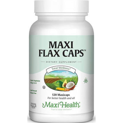 Maxi Health Flax Caps Organic Flaxseed Oil bottle front view premium plant based omega supplement
