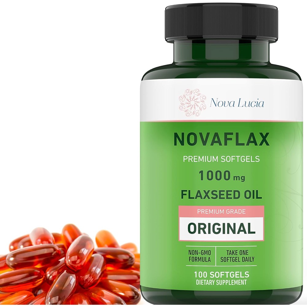 Nova Lucia organic flaxseed oil bottle front view with softgels