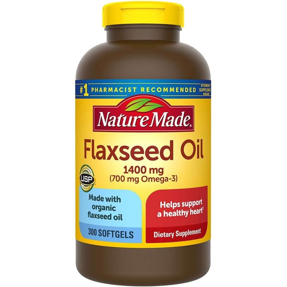 Nature Made Organic Flaxseed Oil 1400 mg 300 softgels bottle front view for heart health support