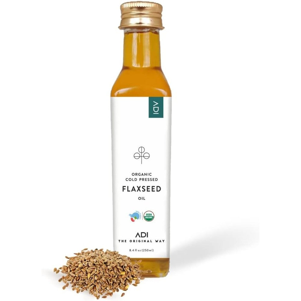 ADI Organic Flaxseed Oil front view bottle for heart health