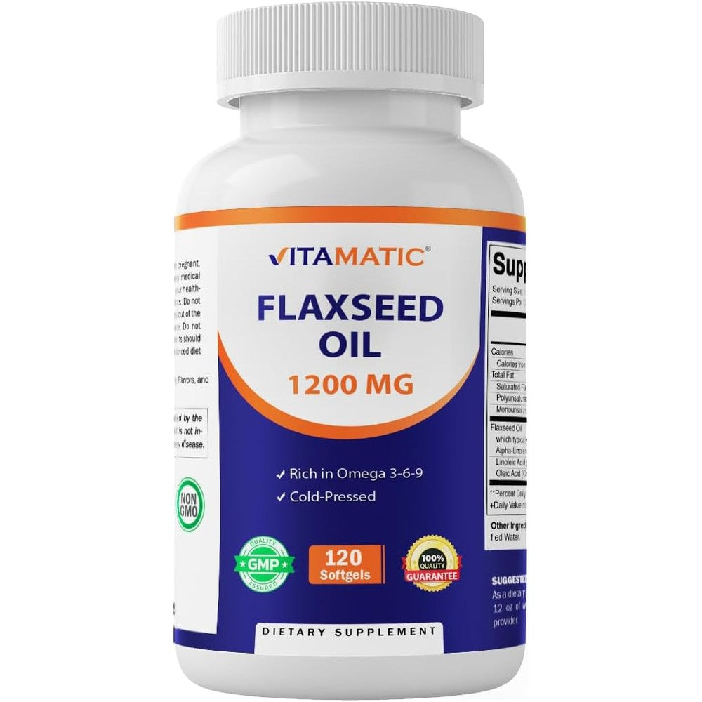 Vitamatic Flaxseed Oil 1200 Milligrams front view bottle containing 120 softgels for daily heart health support