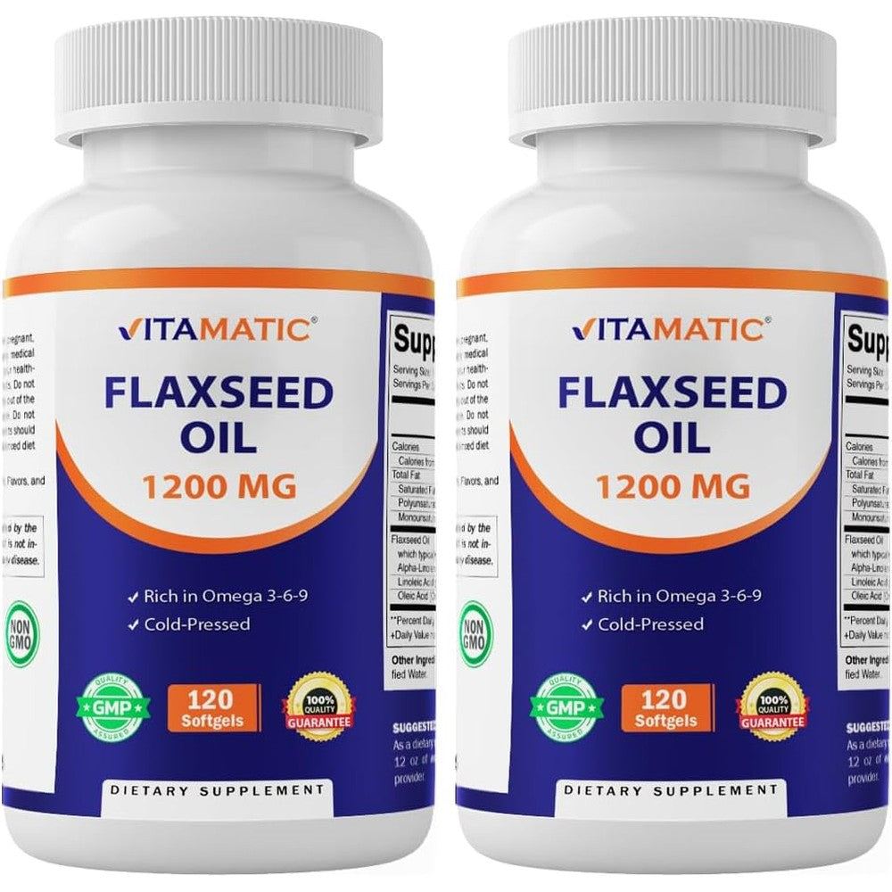 Vitamatic Cold Pressed Flaxseed Oil 1200mg 2 Pack front view bottle for cardiovascular health