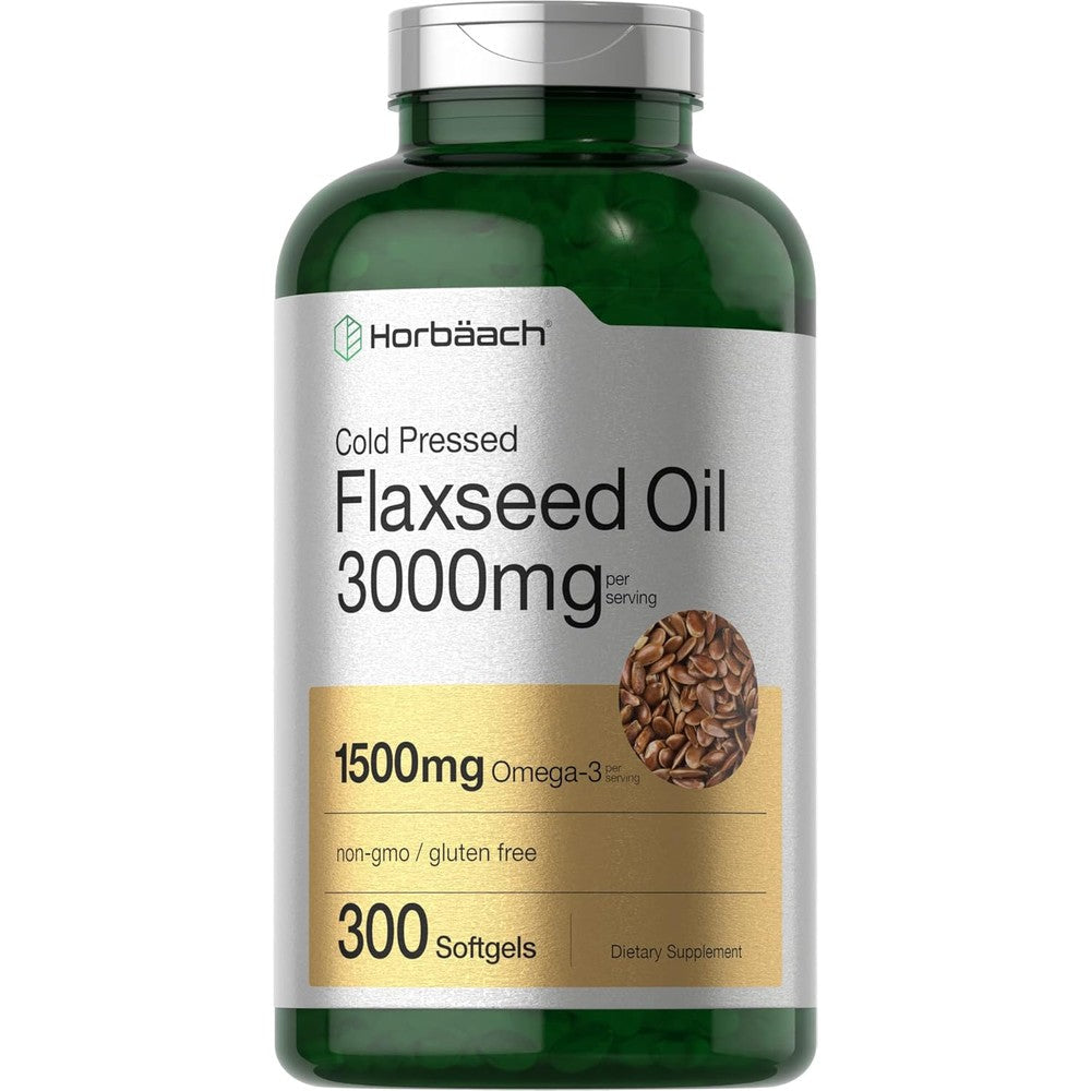 Horbäach Flaxseed Oil Capsules 3000mg front bottle view for authentic plant based omega supplement