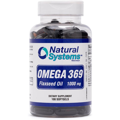 Natural Systems Omega 3 6 9 Flaxseed Oil 1000 mg front view bottle showing 100 softgels