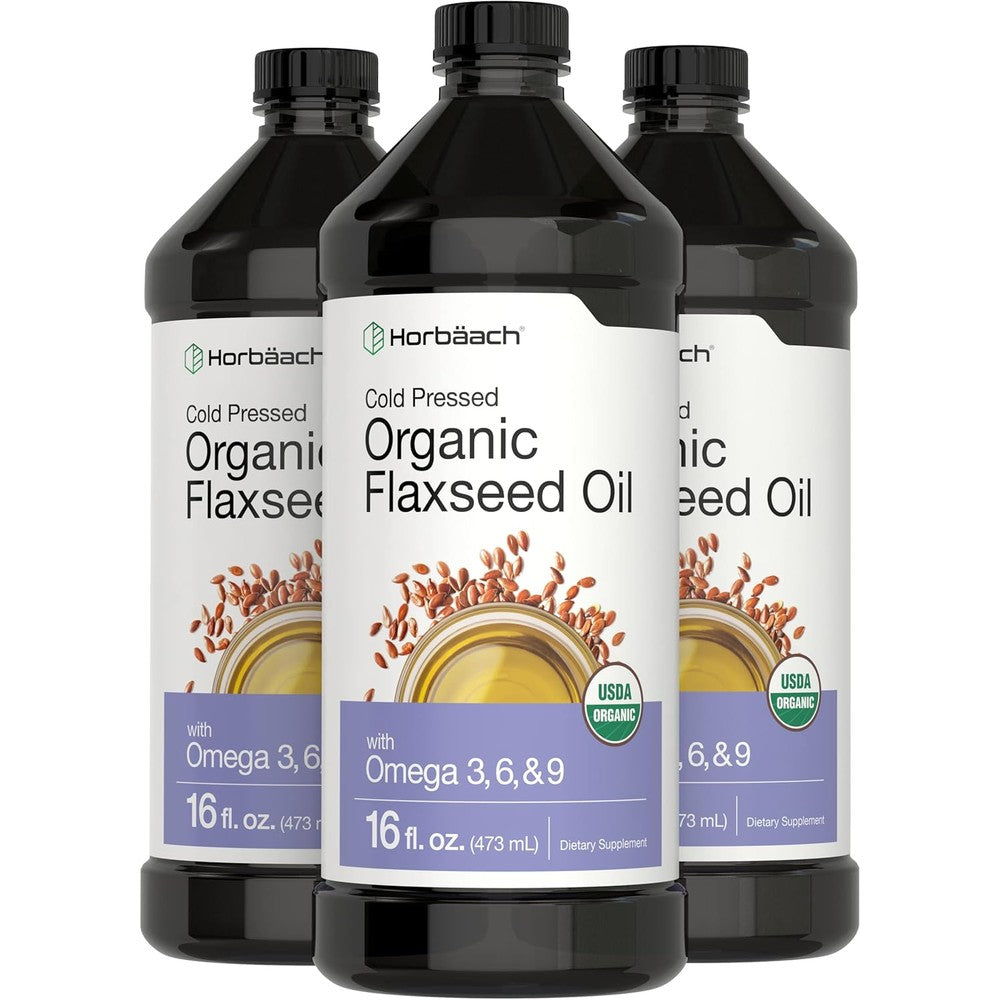 Horbaach Organic Flaxseed Oil liquid bottle front packaging view