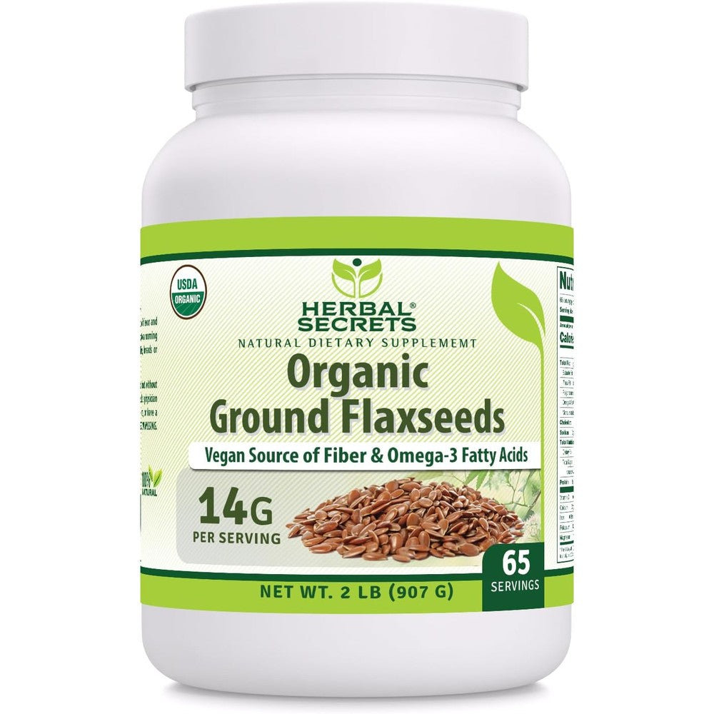 Herbal Secrets Organic Ground Flaxseeds 2 lbs front view container for vegan fiber