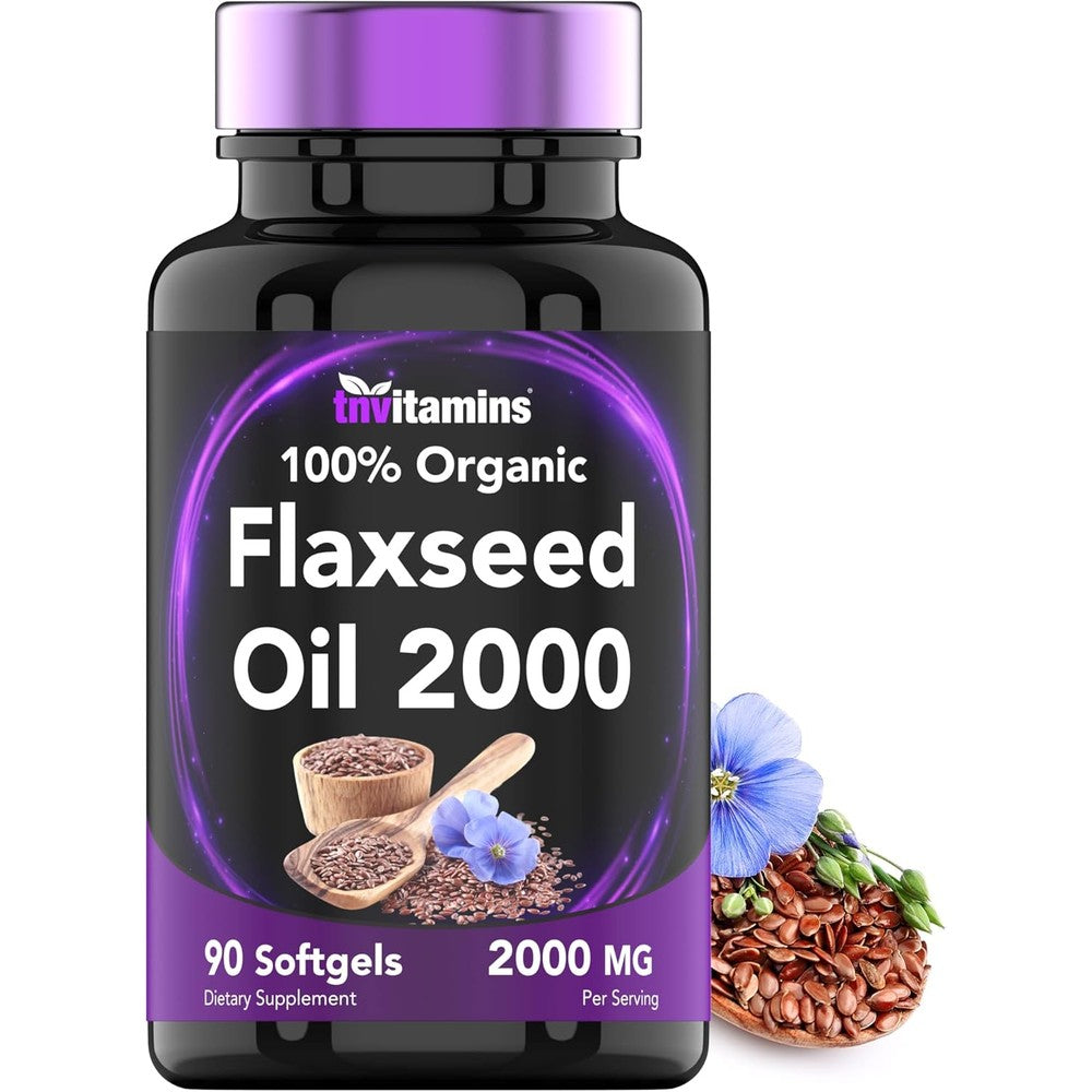 TNVitamins Organic Flaxseed Oil 2000 mg 90 softgels front bottle view for heart health supplement