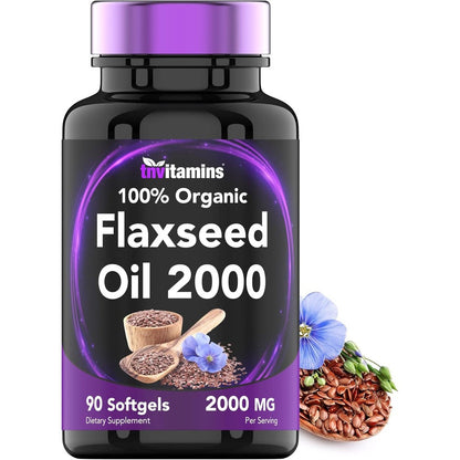 TNVitamins Organic Flaxseed Oil 2000 mg 90 softgels front bottle view for heart health supplement