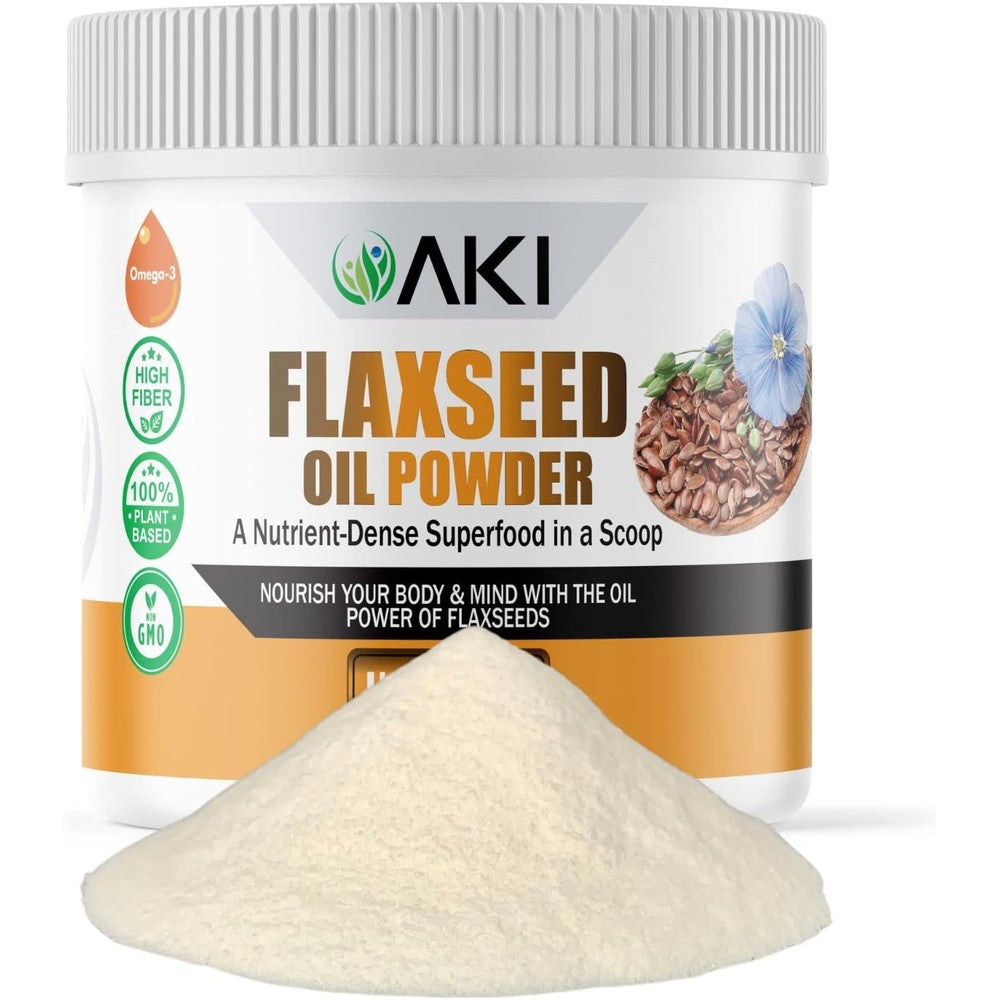 Aki Organic Flaxseed Oil Powder front view of packaging for vegan omega 3 supplement