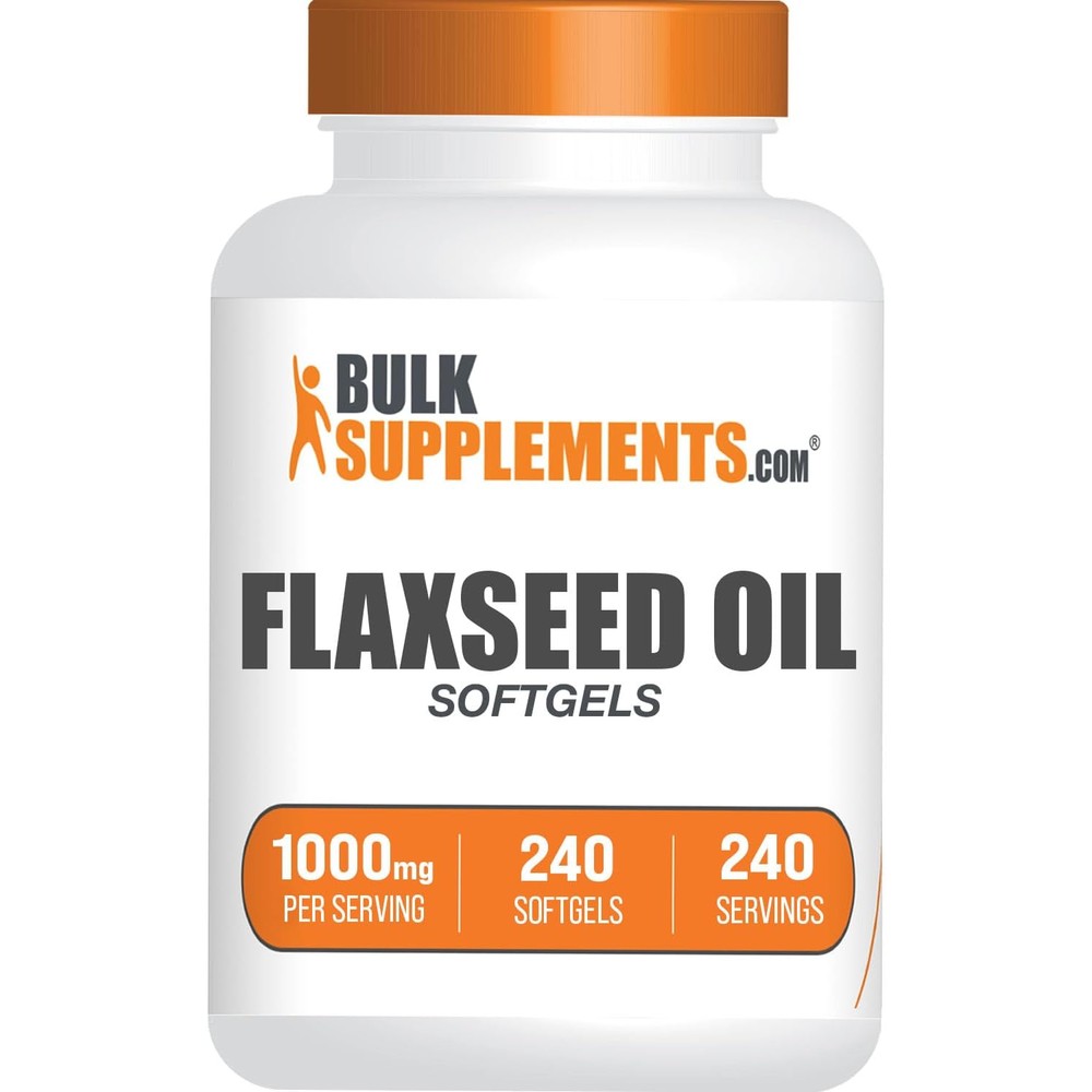 BulkSupplements Flaxseed Oil 1000mg 240 softgels front view showing herbal supplement bottle packaging.