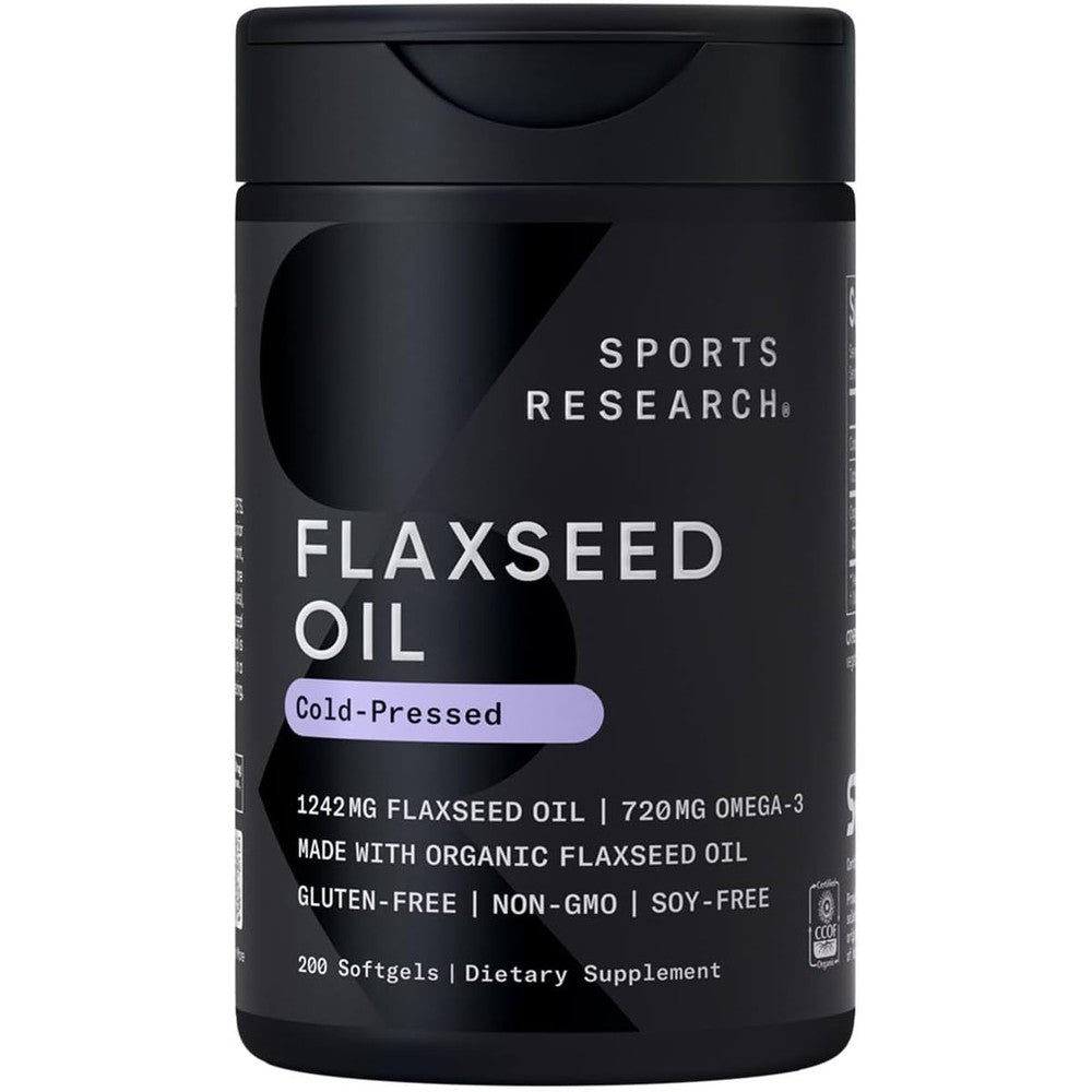 Sports Research Organic Flaxseed Oil 1242mg bottle front view showing plant based omega 3 supplement facts
