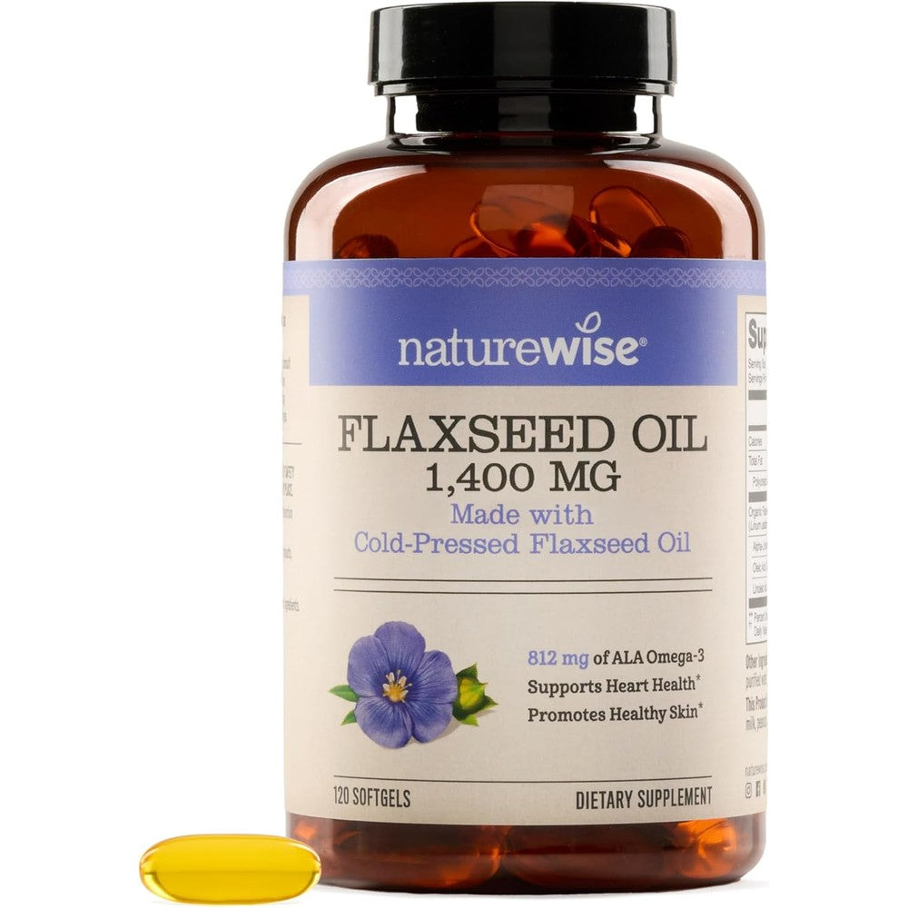 NatureWise Flaxseed Oil 1400 mg 120 Softgels bottle front view displaying plant based omega 3 supplement packaging