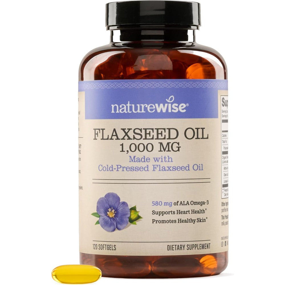 NatureWise Flaxseed Oil 1000mg front bottle packaging showing organic Omega 3 supplement.