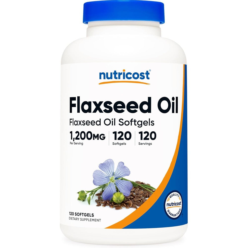 Nutricost Flaxseed Oil 1200mg 120 softgels bottle front view for plant based omega supplement.