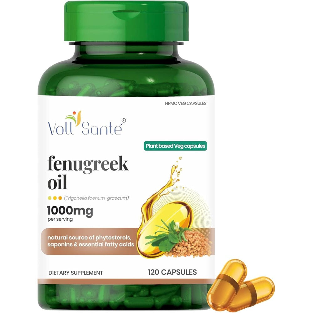 Voll Sante Fenugreek Seed Oil 1000 mg front view bottle of Ayurvedic capsules for metabolic wellness
