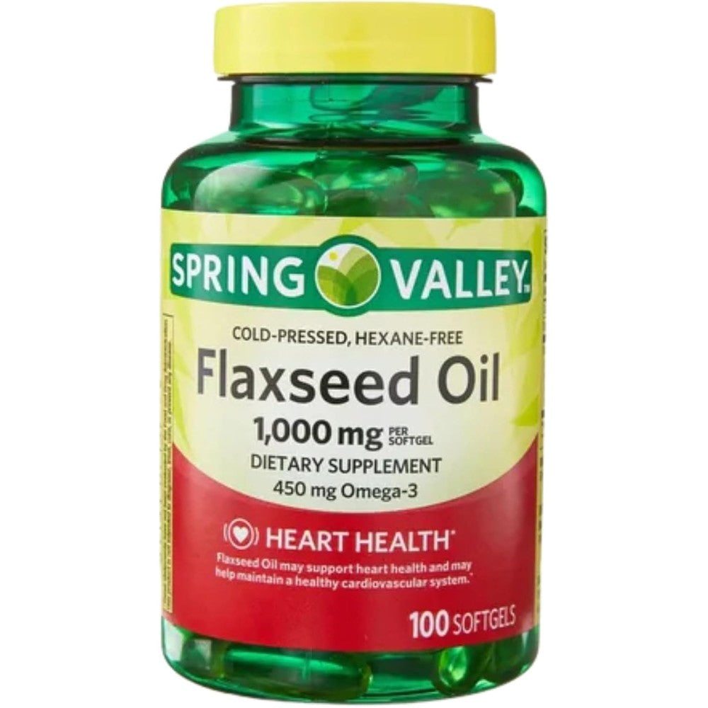 Spring Valley Cold Pressed Flaxseed Oil 1000mg front view of the 100 softgels bottle bottle for heart health supplement