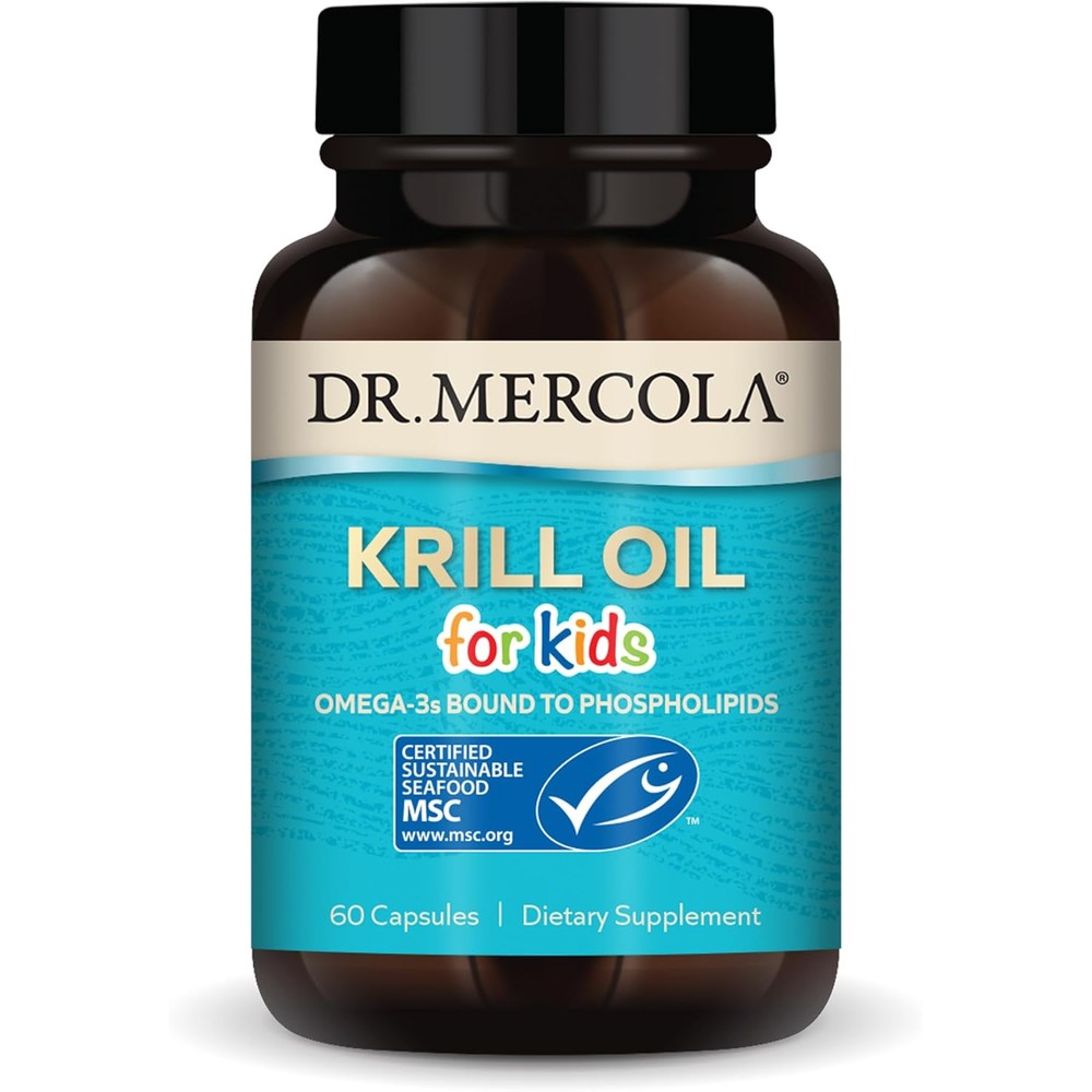 Dr. Mercola Krill Oil for Kids 60 capsules front bottle view for authentic omega-3 supplements.