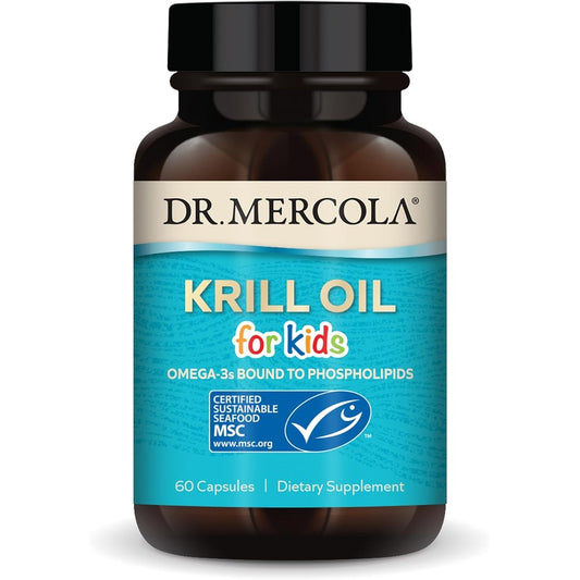 Dr. Mercola Krill Oil for Kids 60 capsules front bottle view for authentic omega-3 supplements.
