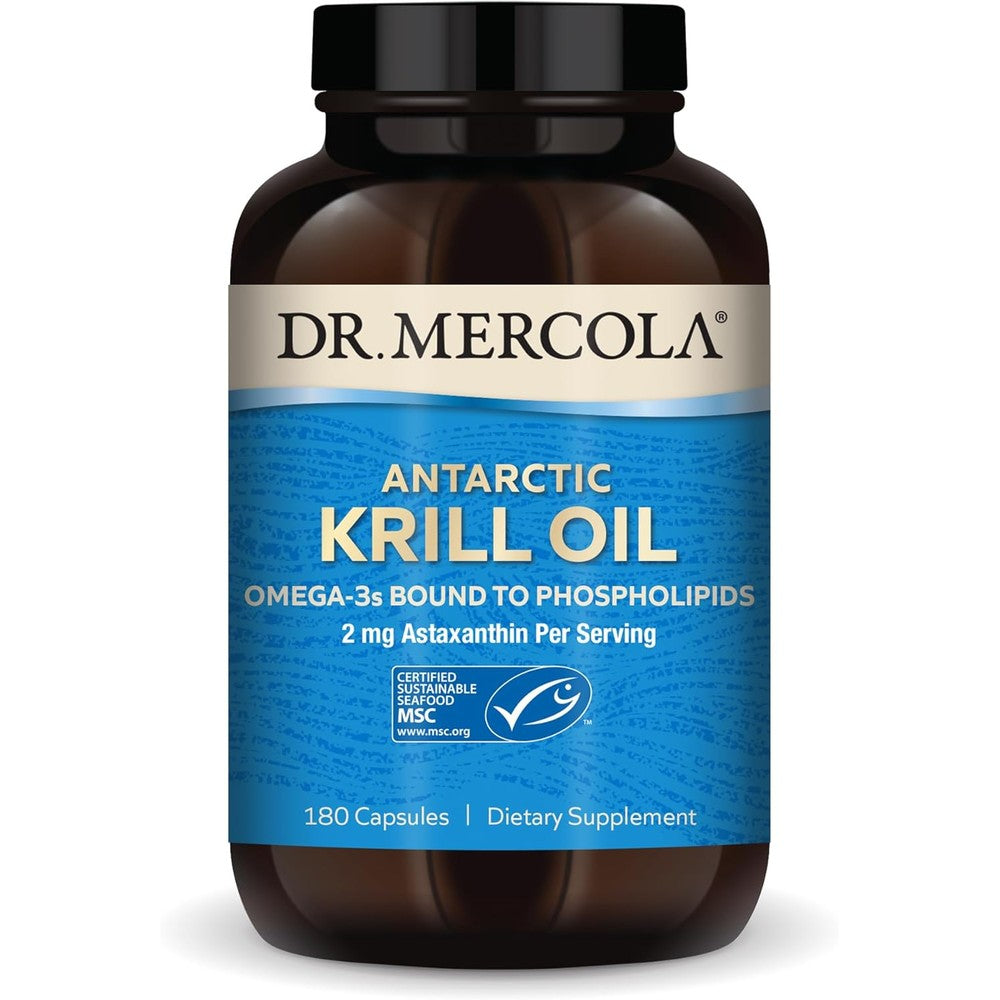 Dr. Mercola Antarctic Krill Oil 180 capsules front bottle view showcasing genuine packaging.