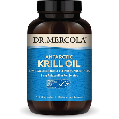 Dr. Mercola Antarctic Krill Oil 180 capsules front bottle view showcasing genuine packaging.