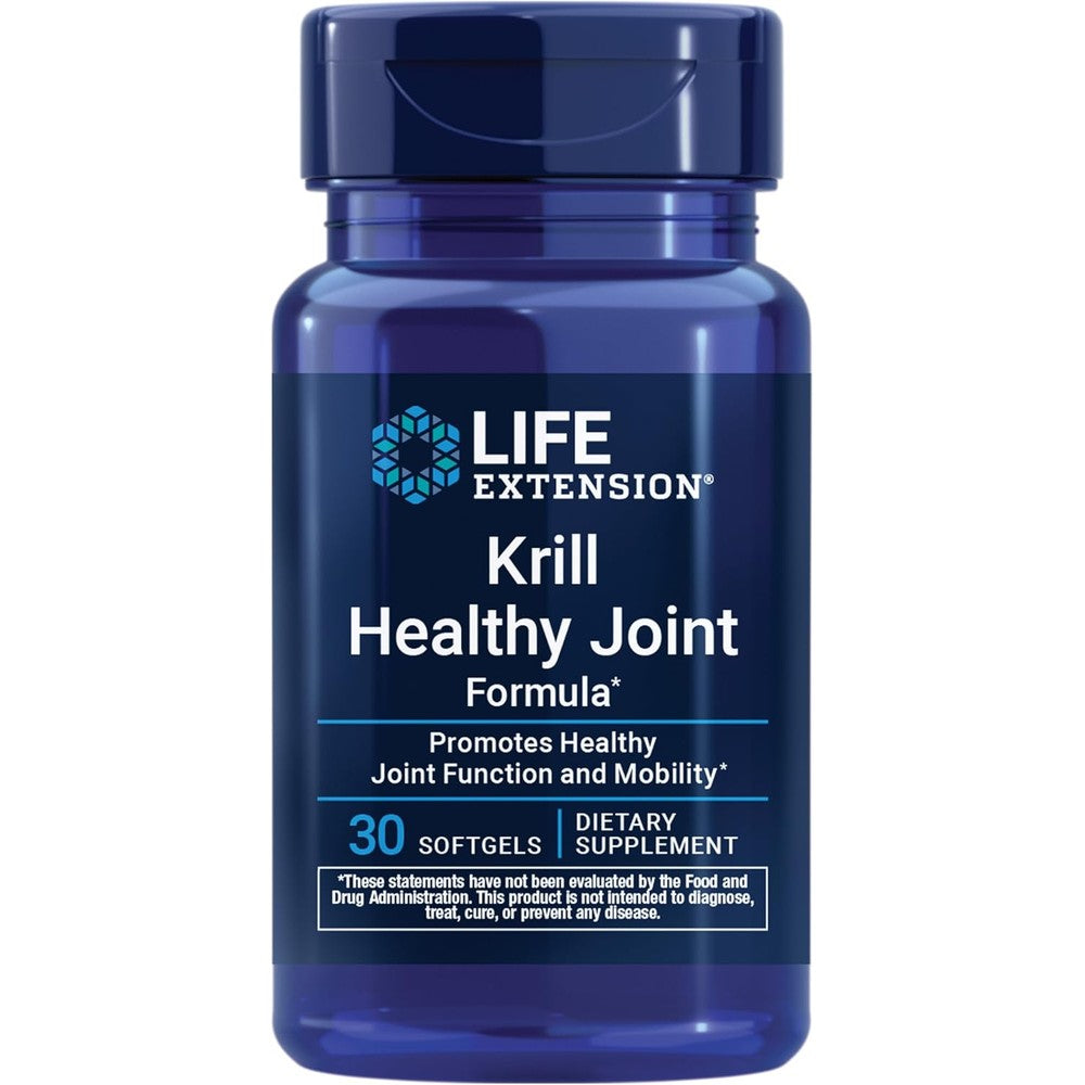 Life Extension Krill Healthy Joint Formula front view showing 30 softgels bottle