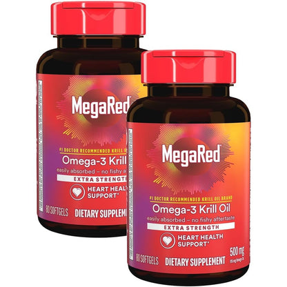 MegaRed Extra Strength 500mg Omega 3 Krill Oil 80 Softgels Pack of 2 front view