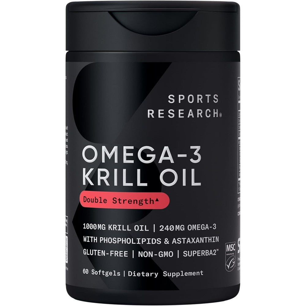 Sports Research Antarctic Omega 3 Krill Oil 1000 Milligrams bottle front view showing 60 softgels pack.