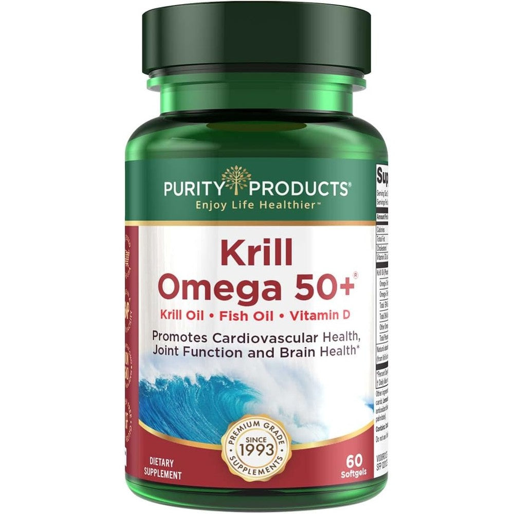 Purity Products Krill Omega 50 Plus bottle front view showing 60 mini softgels text.
