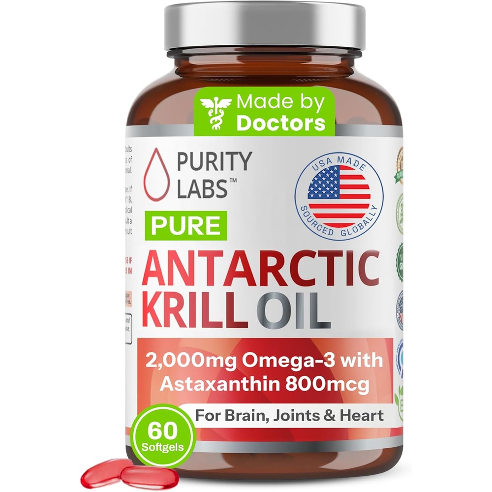 Purity Labs Antarctic Krill Oil 2000mg bottle front view for memory support.